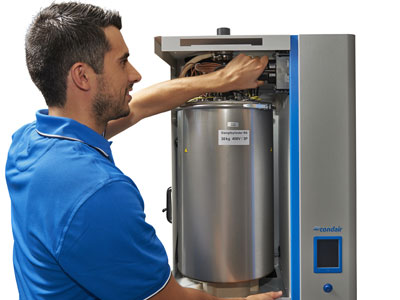 Cleanable stainless steel cylinder eliminates the need for disposable plastic cylinders.